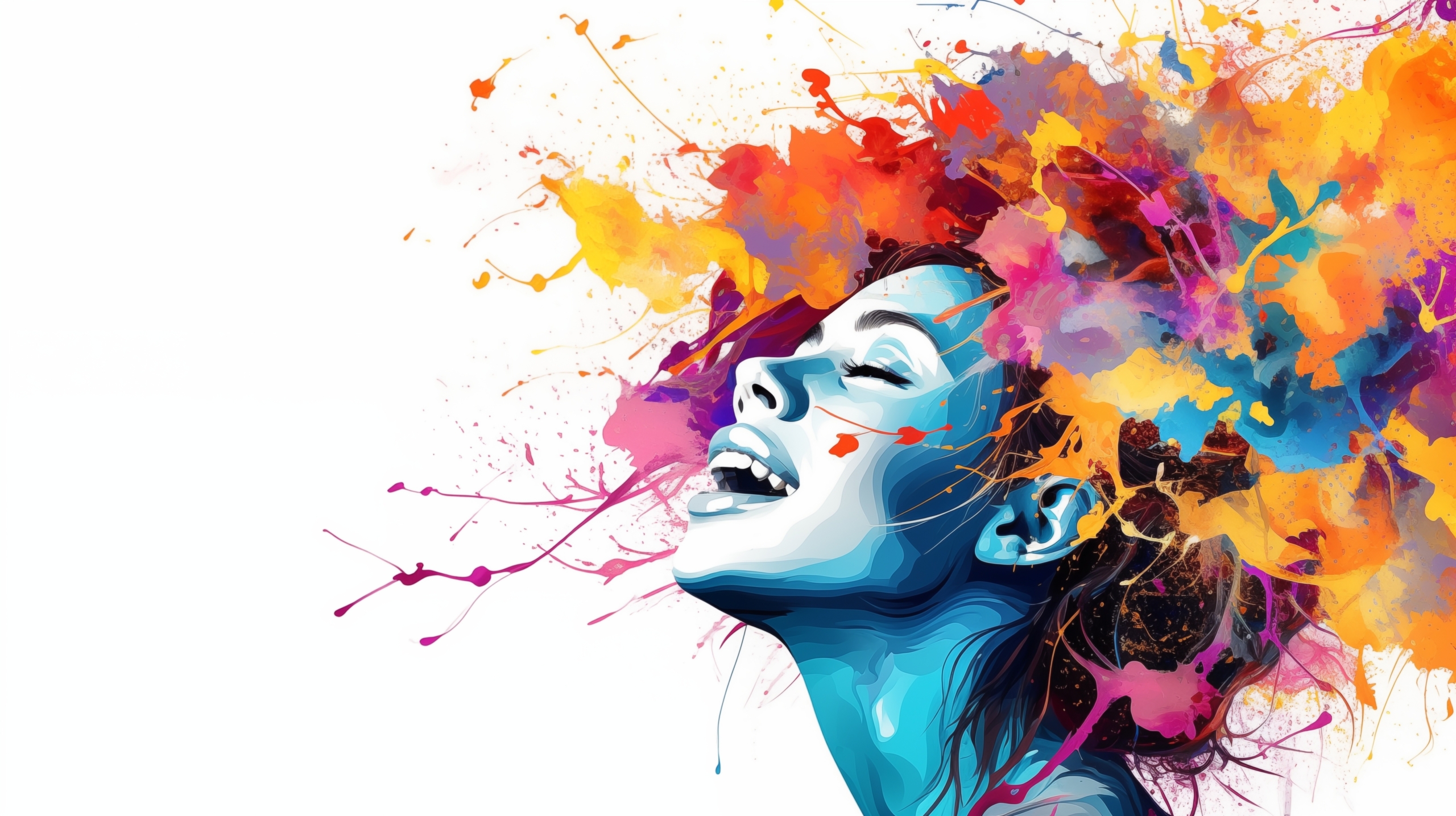 Mental health and creative abstract concept. Colorful illustration of happy womale head in paint splatter style. Mindfulness and self care idea. Banner white background.