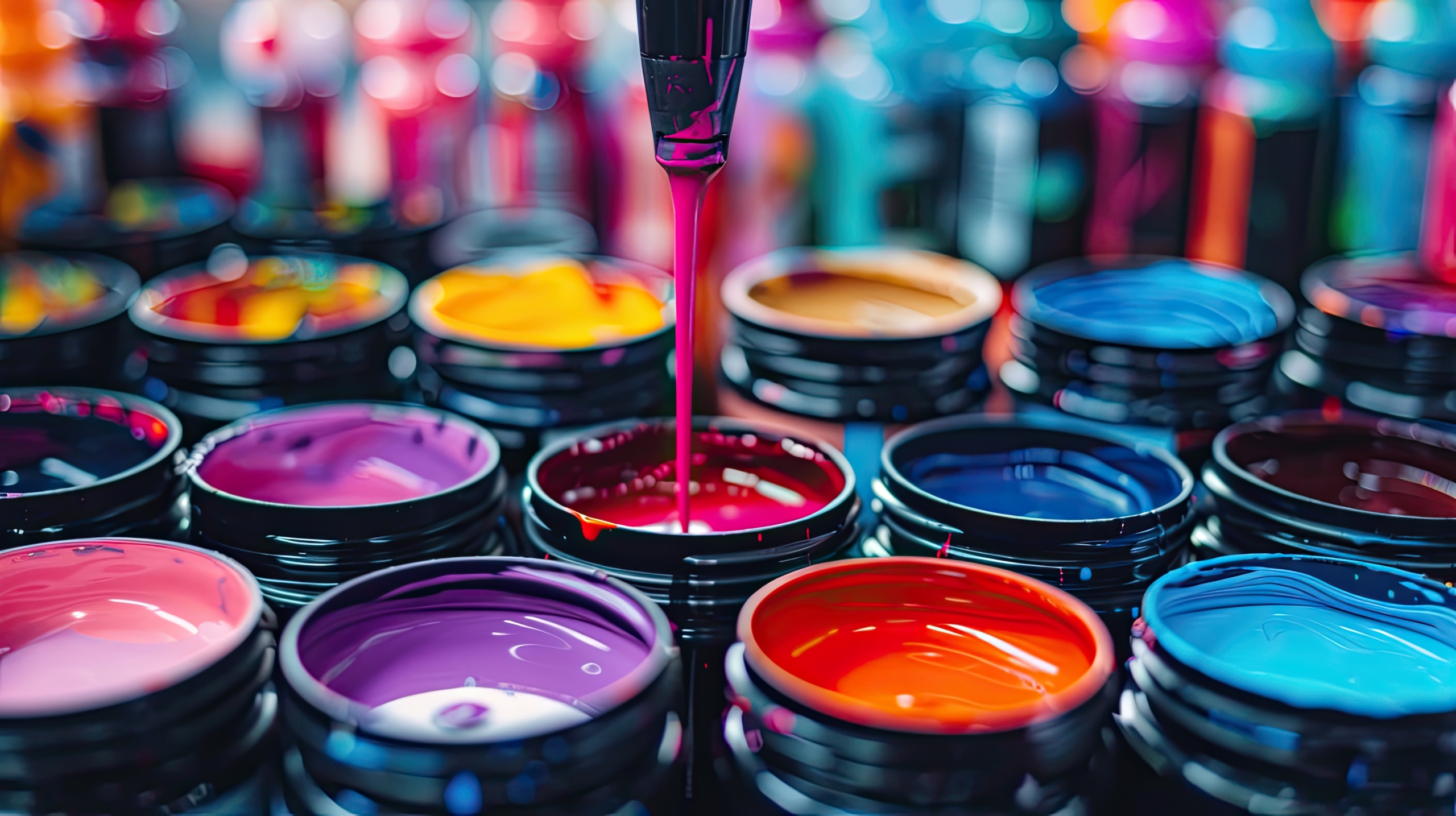A number of open new paint cans that are filled with paint or tint. Paint manufacturing and tinting. The concept of a variety of color choices for creativity. Design for advertising or presentation.