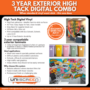 Uniscreen High Tack Digital Vinyl and Laminate Combo – printable high-adhesion vinyl with matching laminate for long-term indoor and outdoor graphics